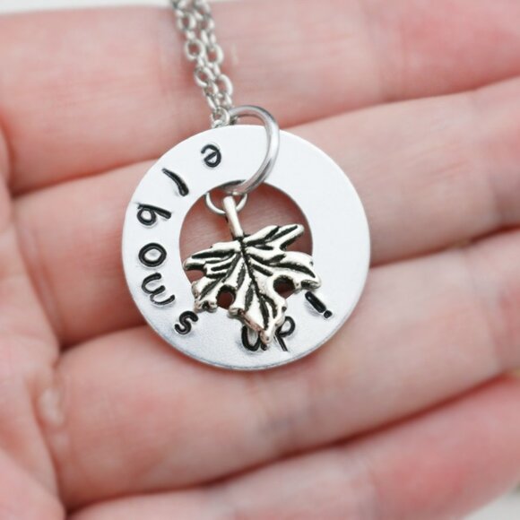 Elbows Up! Maple Leaf Hand Stamped Pendant Necklace - Handmade & Hypoallergenic - Picture 8 of 13